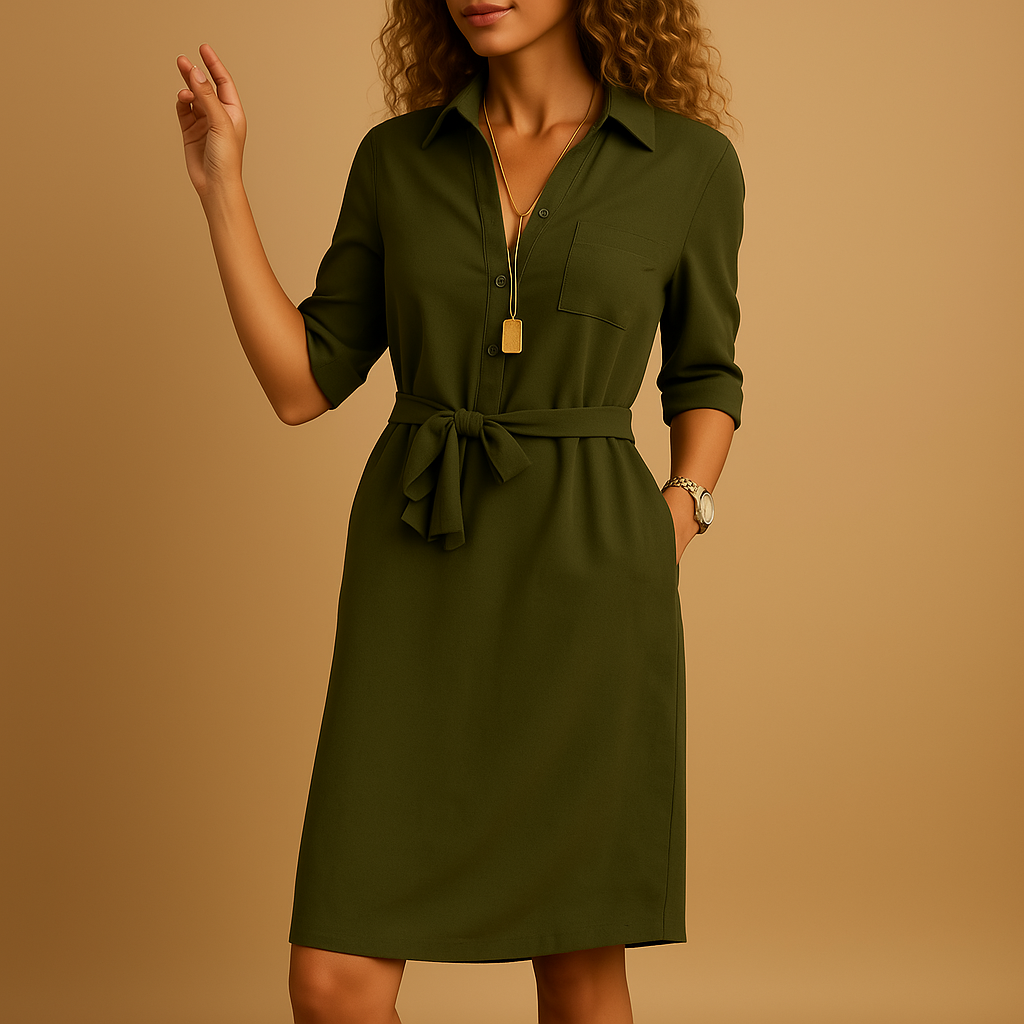 back view of midi dress showing mid length and clean structure