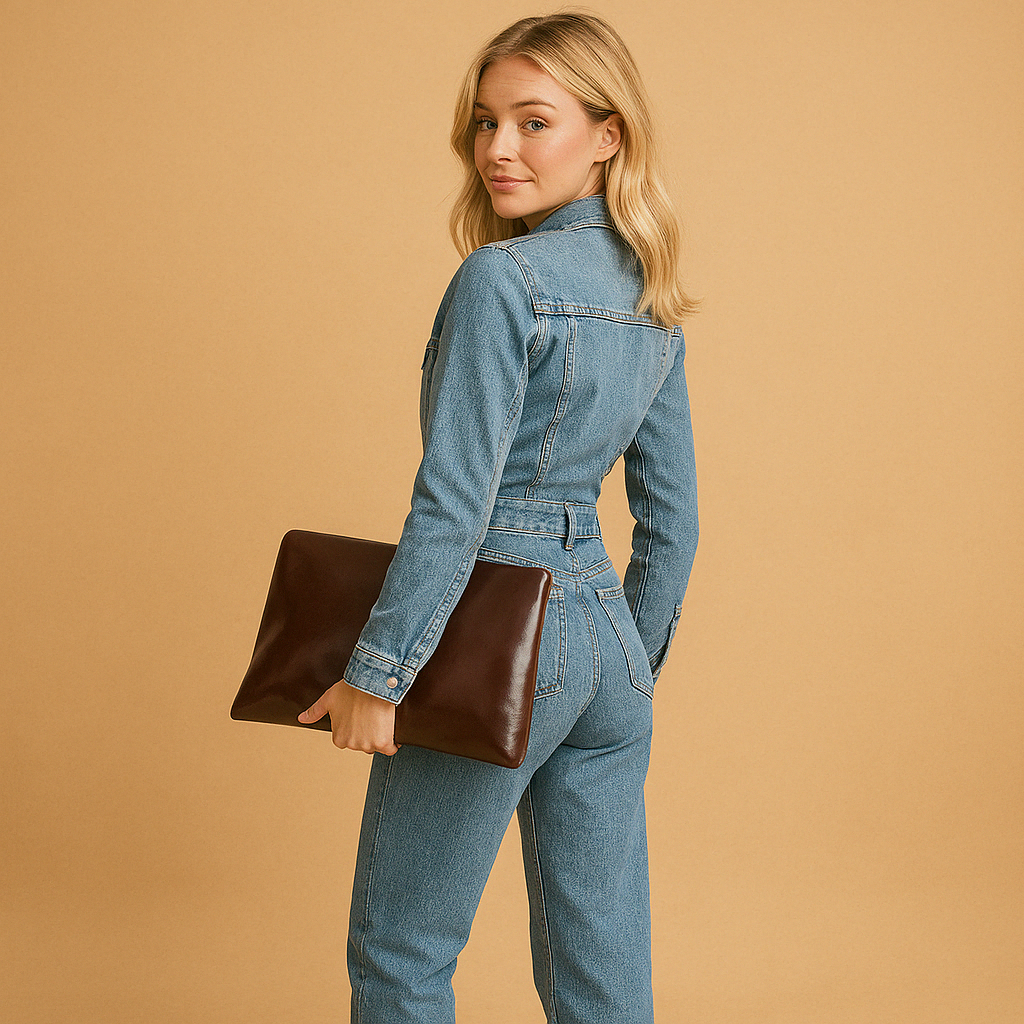 back view of denim jumpsuit showing full length and structured fit