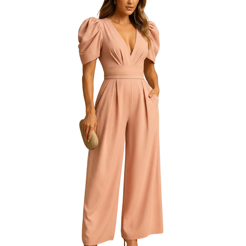 woman wearing elegant long jumpsuit with tailored fit and flowing silhouette shown in full front view outfit