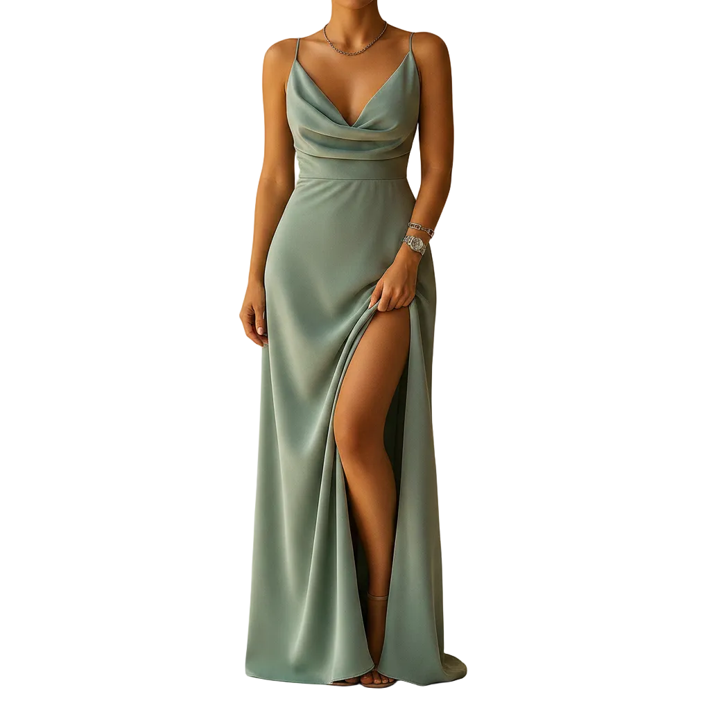 woman wearing elegant maxi dress with V neck and flowing silhouette shown in full front view outfit