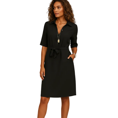 woman wearing elegant midi dress with comfortable fit shown in full front view outfit