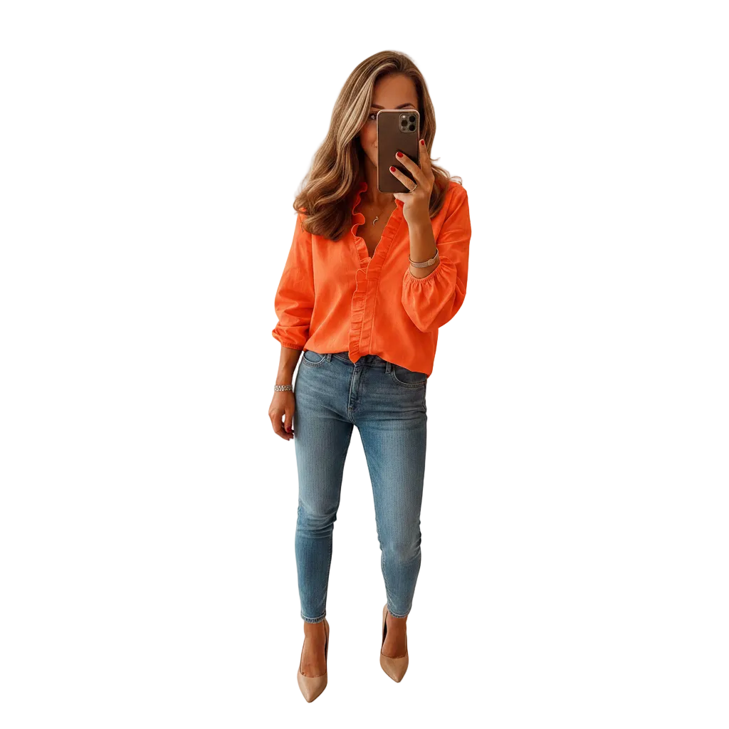 woman wearing ruffled blouse front view