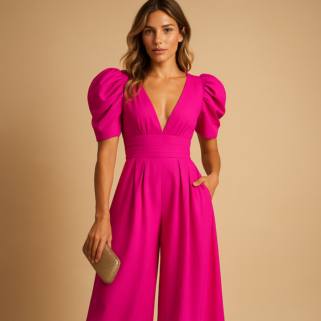 full length flowing leg design of jumpsuit