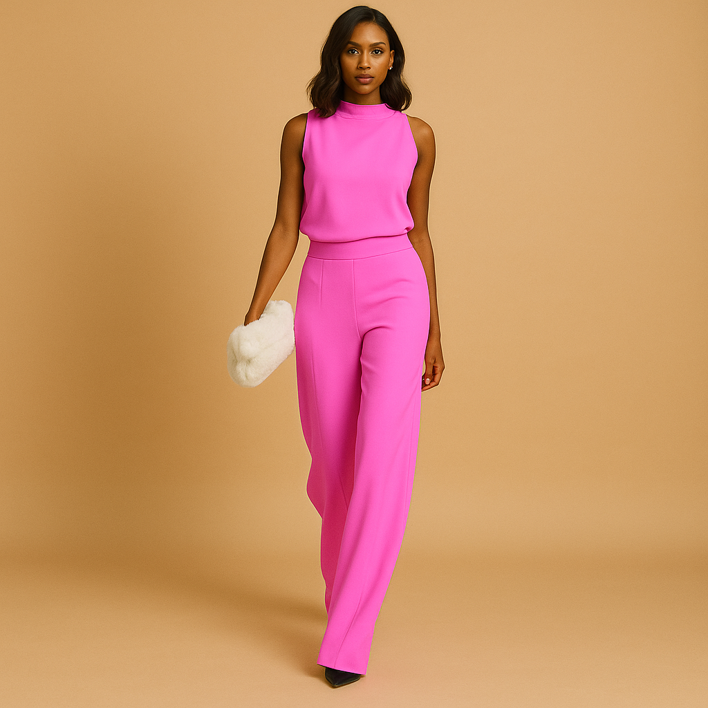 close up of high waist detail on jumpsuit showing structured fit and smooth fabric finish
