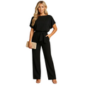 woman wearing high waist jumpsuit with lace up detail and tailored fit shown in full front view outfit