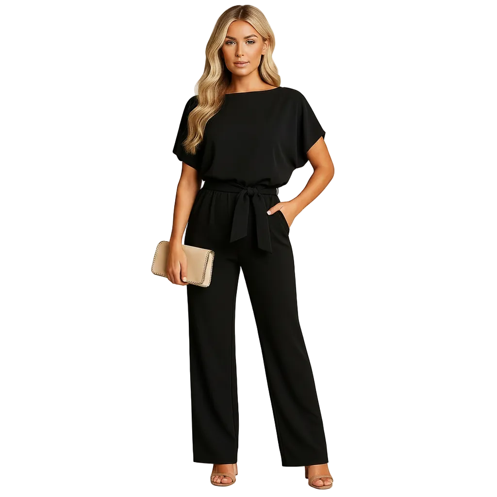 woman wearing high waist jumpsuit with lace up detail and tailored fit shown in full front view outfit