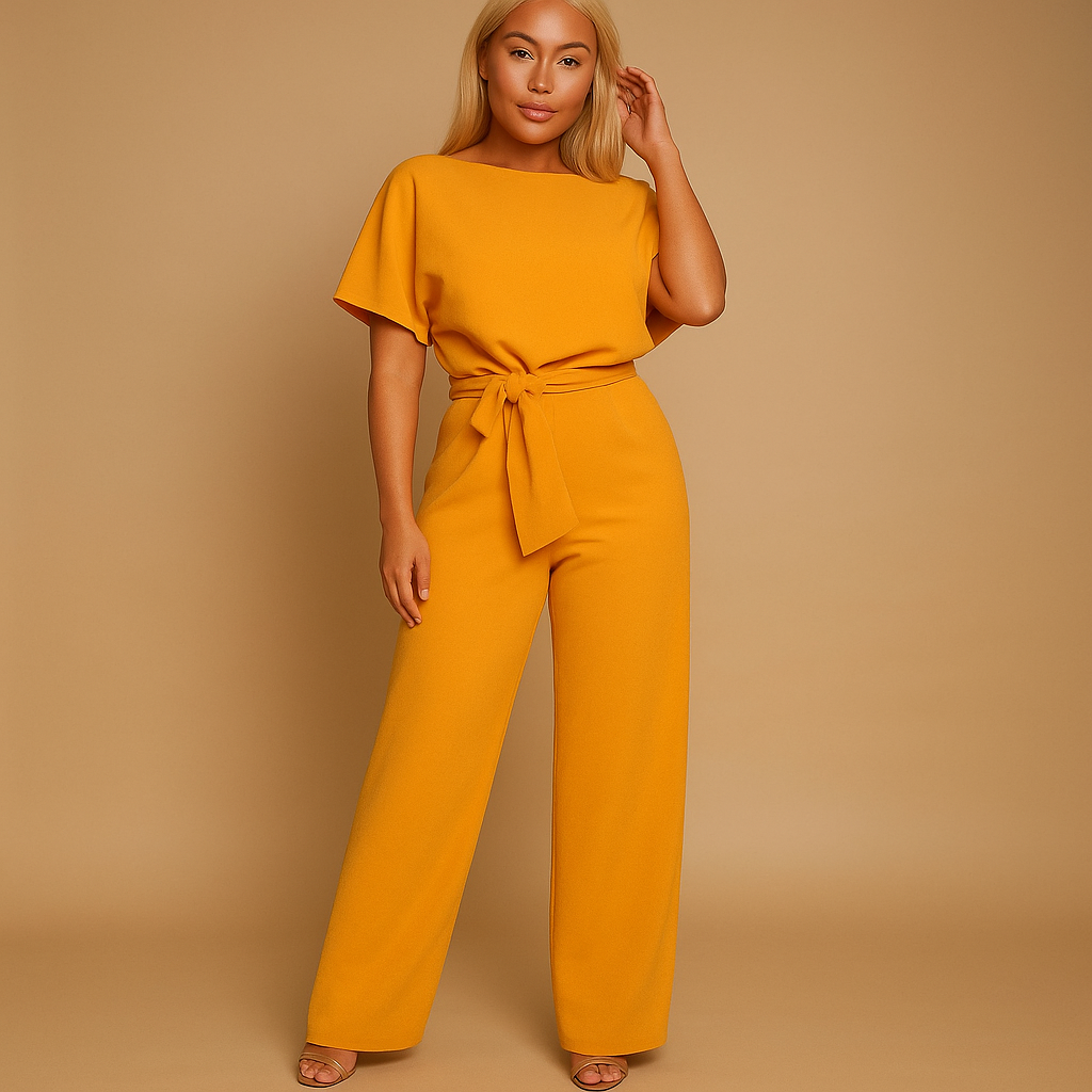 back view of high waist jumpsuit showing clean structure and full length silhouette