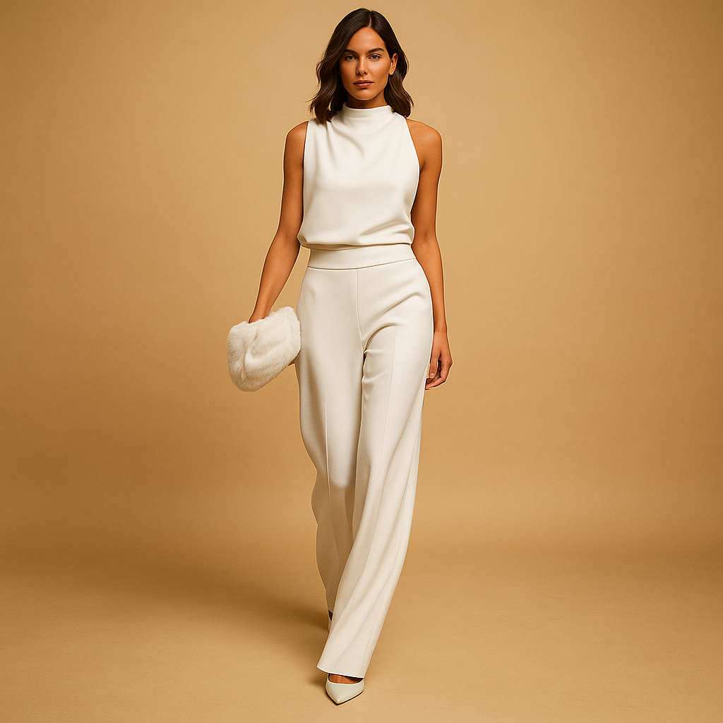 close up of decorative bow detail on front of sleeveless halter jumpsuit for women