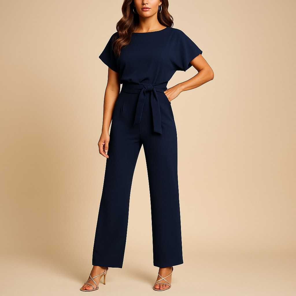 side view of sleeveless jumpsuit with high waist design and lace up front detail for women