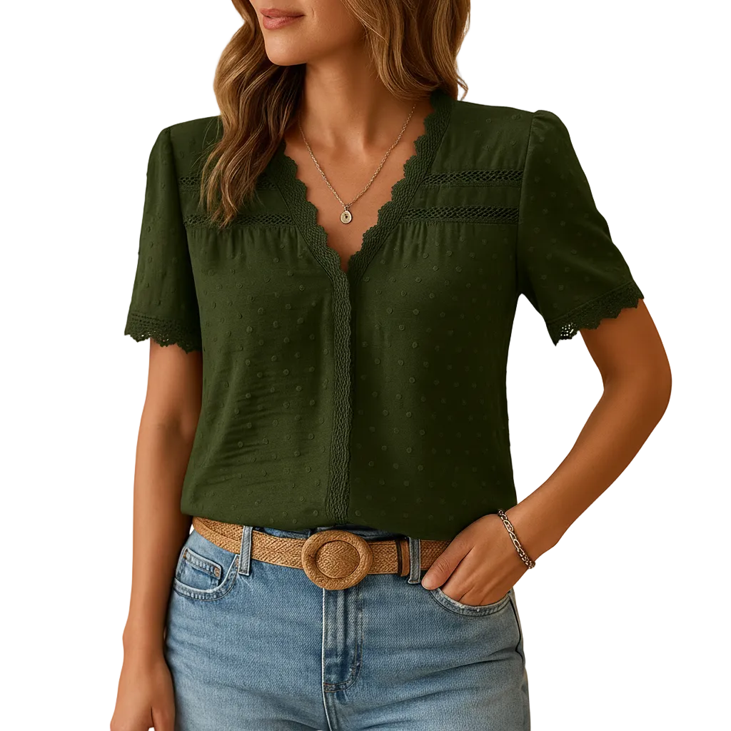 woman wearing lace v neck blouse front view