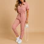 close up of lightweight fabric texture in jumpsuit