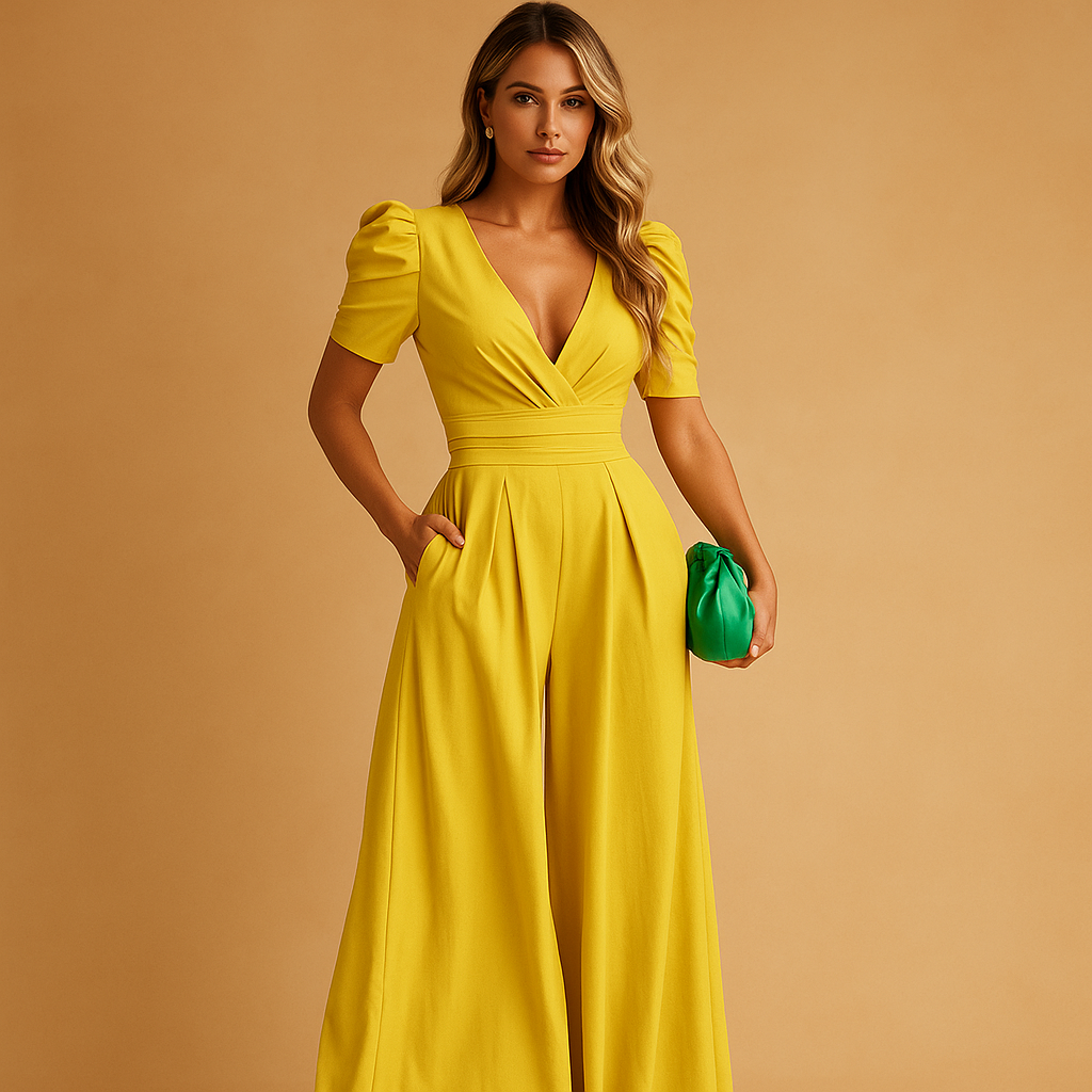 back view of long jumpsuit showing full length and structured shape