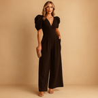 side view of long jumpsuit with flowing silhouette and full length design for women