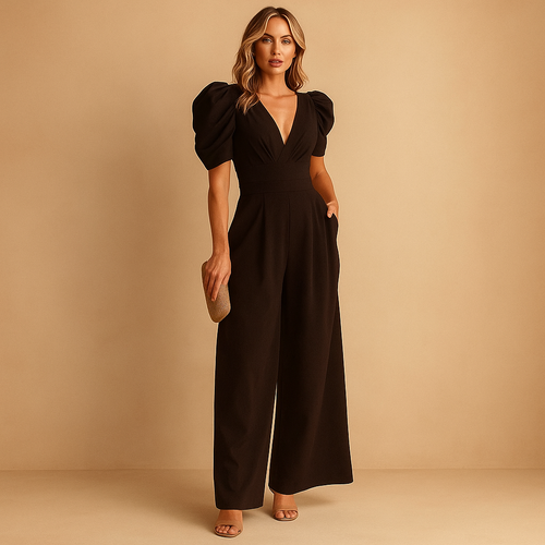 side view of long jumpsuit with flowing silhouette and full length design for women