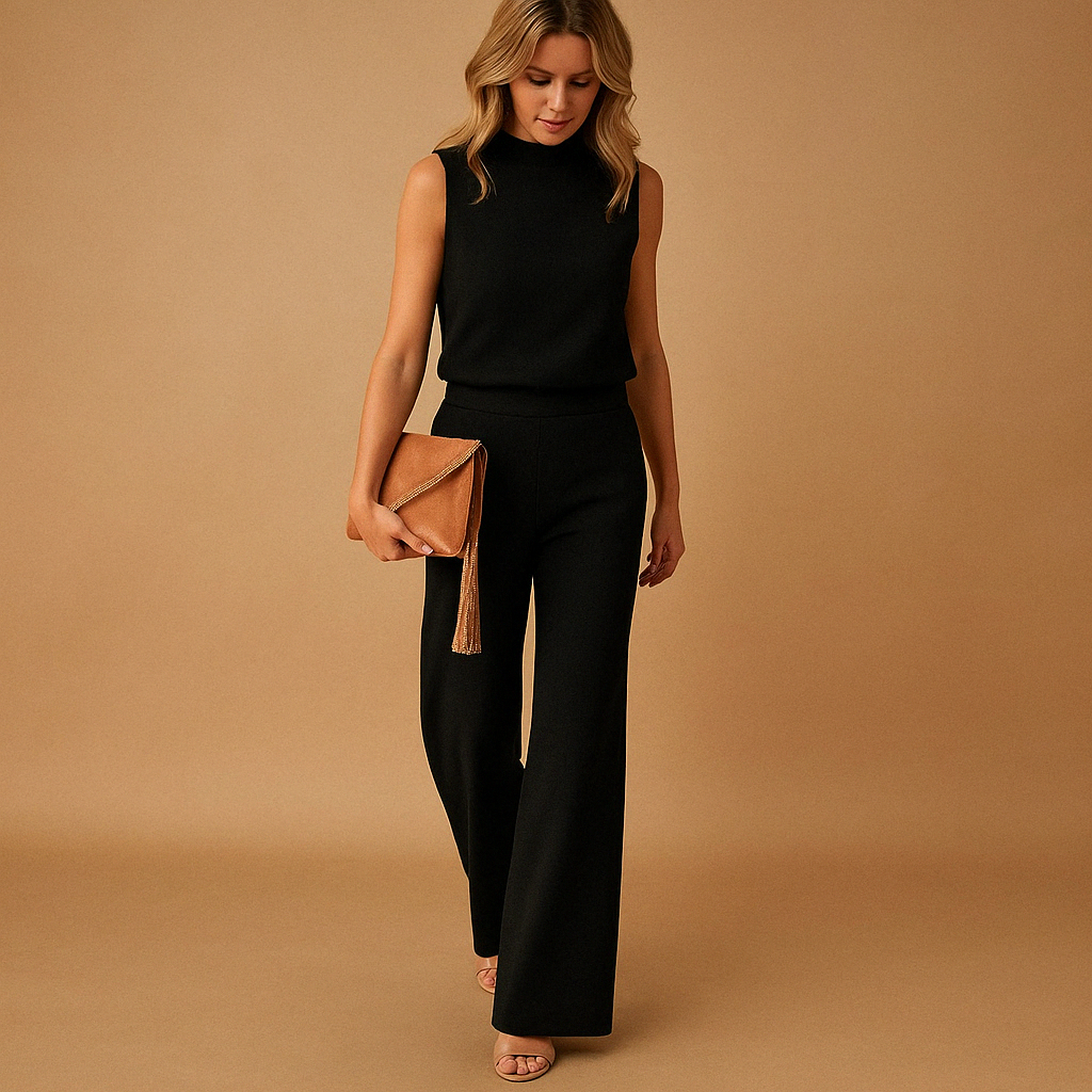 close up of mid waist fit on jumpsuit showing structured silhouette