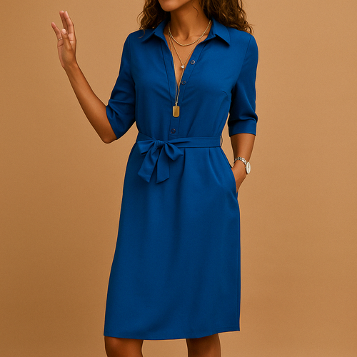 side view of midi dress with balanced silhouette and structured design for women