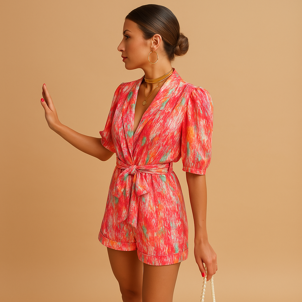 side view of short jumpsuit with printed design and relaxed summer fit for women