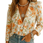 woman wearing ruffled butterfly blouse front view