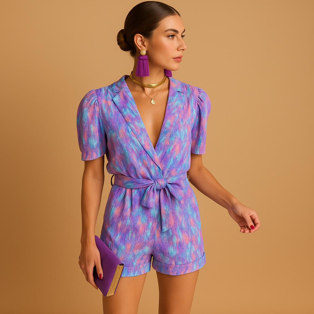back view of short jumpsuit showing clean structure and short length silhouette