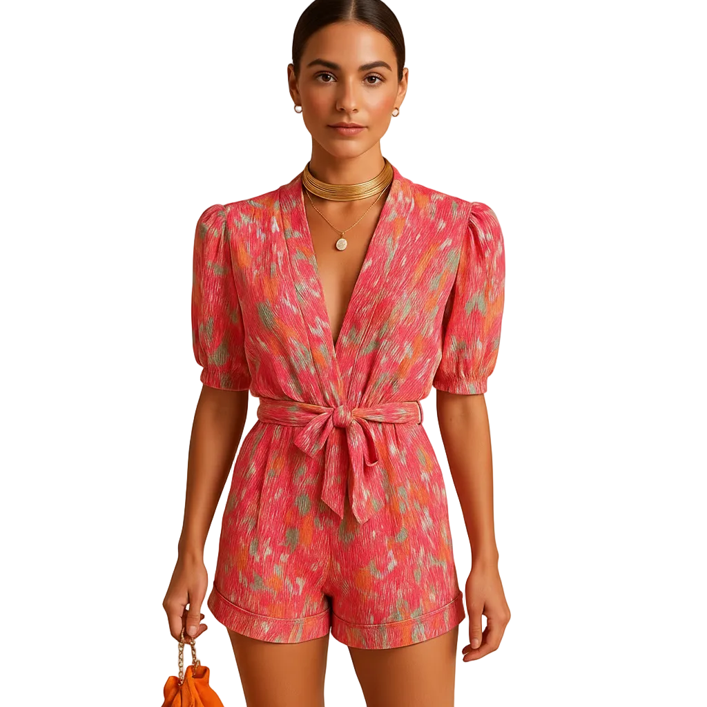 woman wearing short printed jumpsuit with belted waist and lightweight fabric shown in full front view outfit