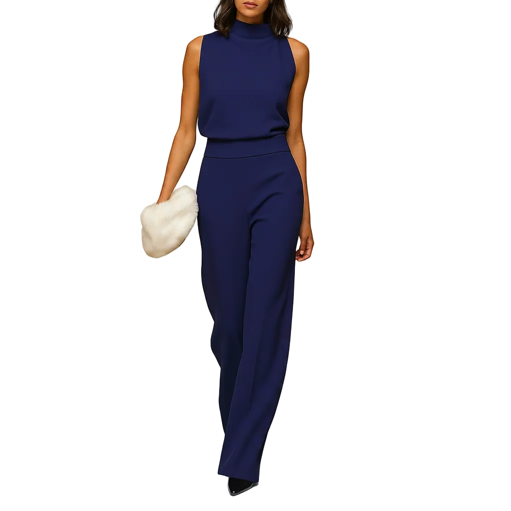 woman wearing sleeveless halter jumpsuit with high waist and wide leg design standing in a full outfit front view
