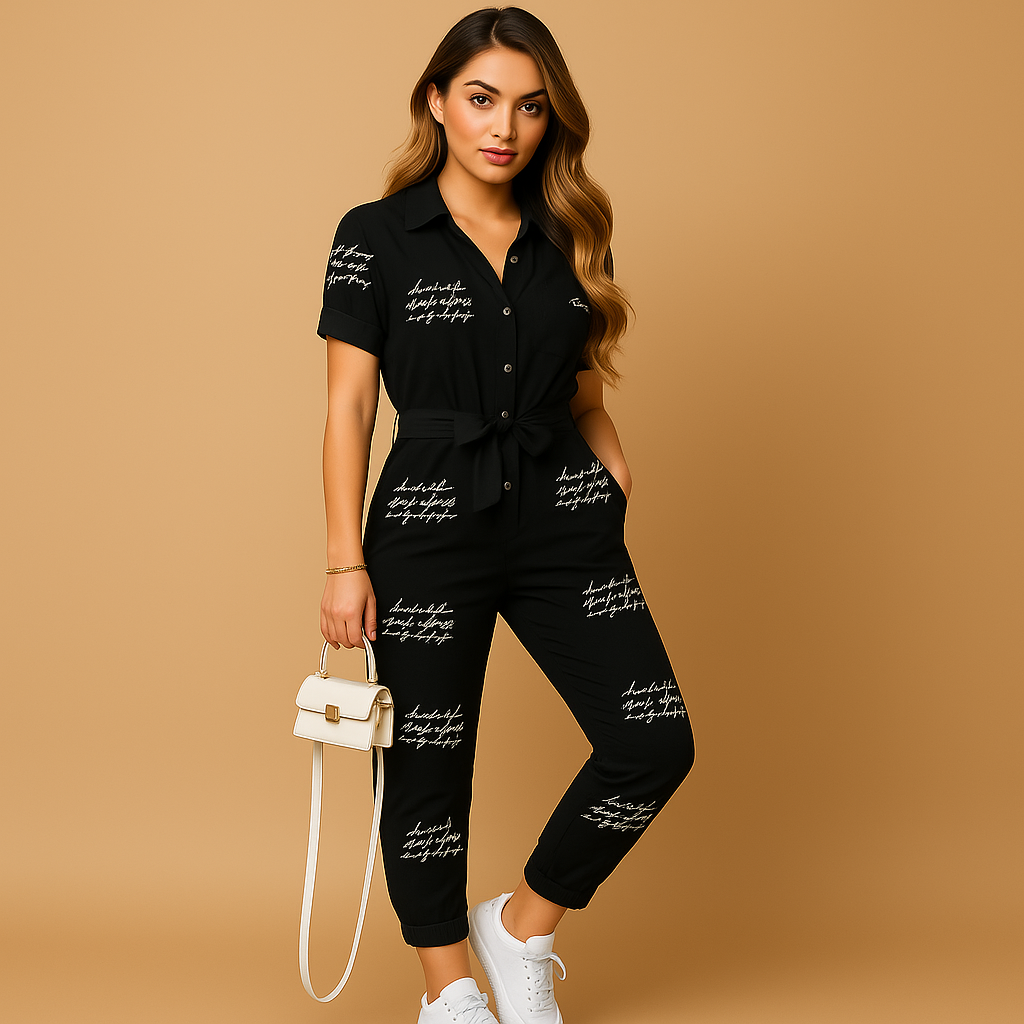 close up of slim fit structure on tailored jumpsuit