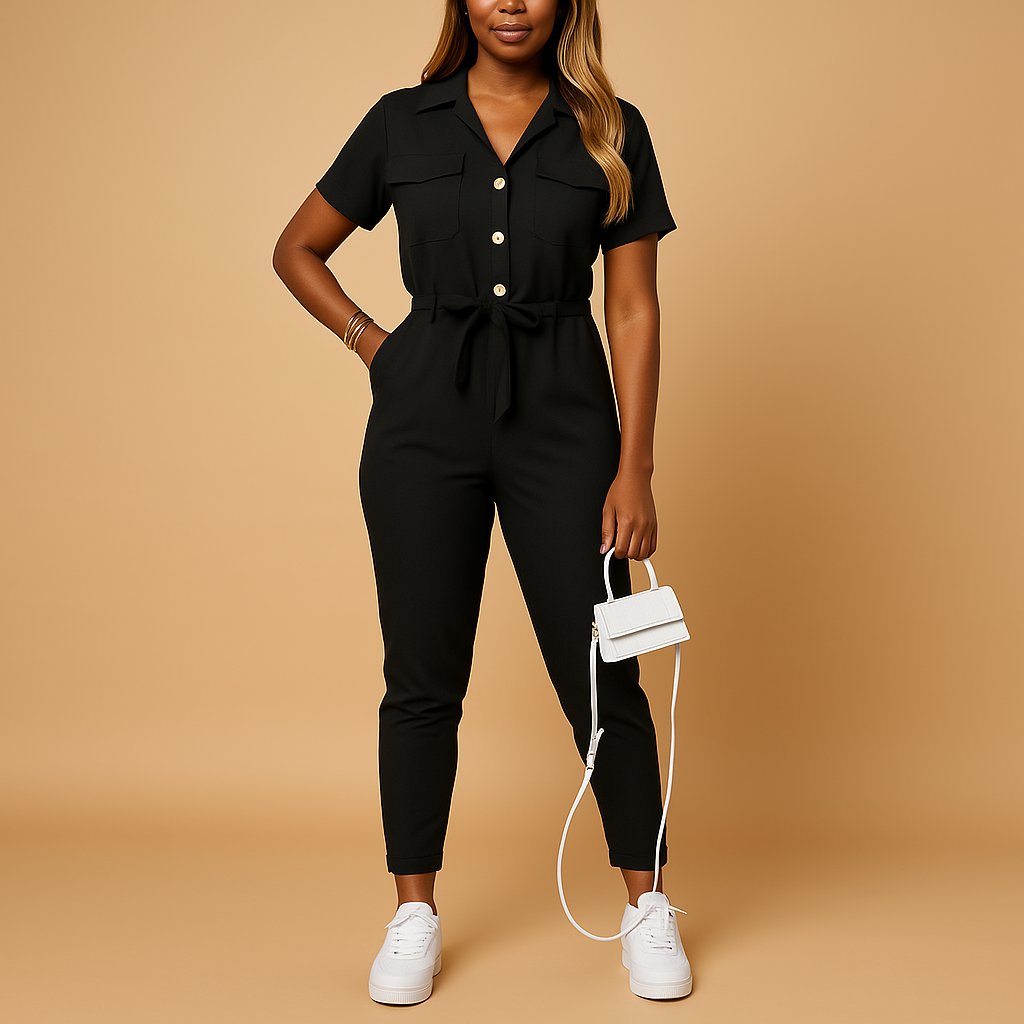 back view of tailored jumpsuit showing clean full length silhouette