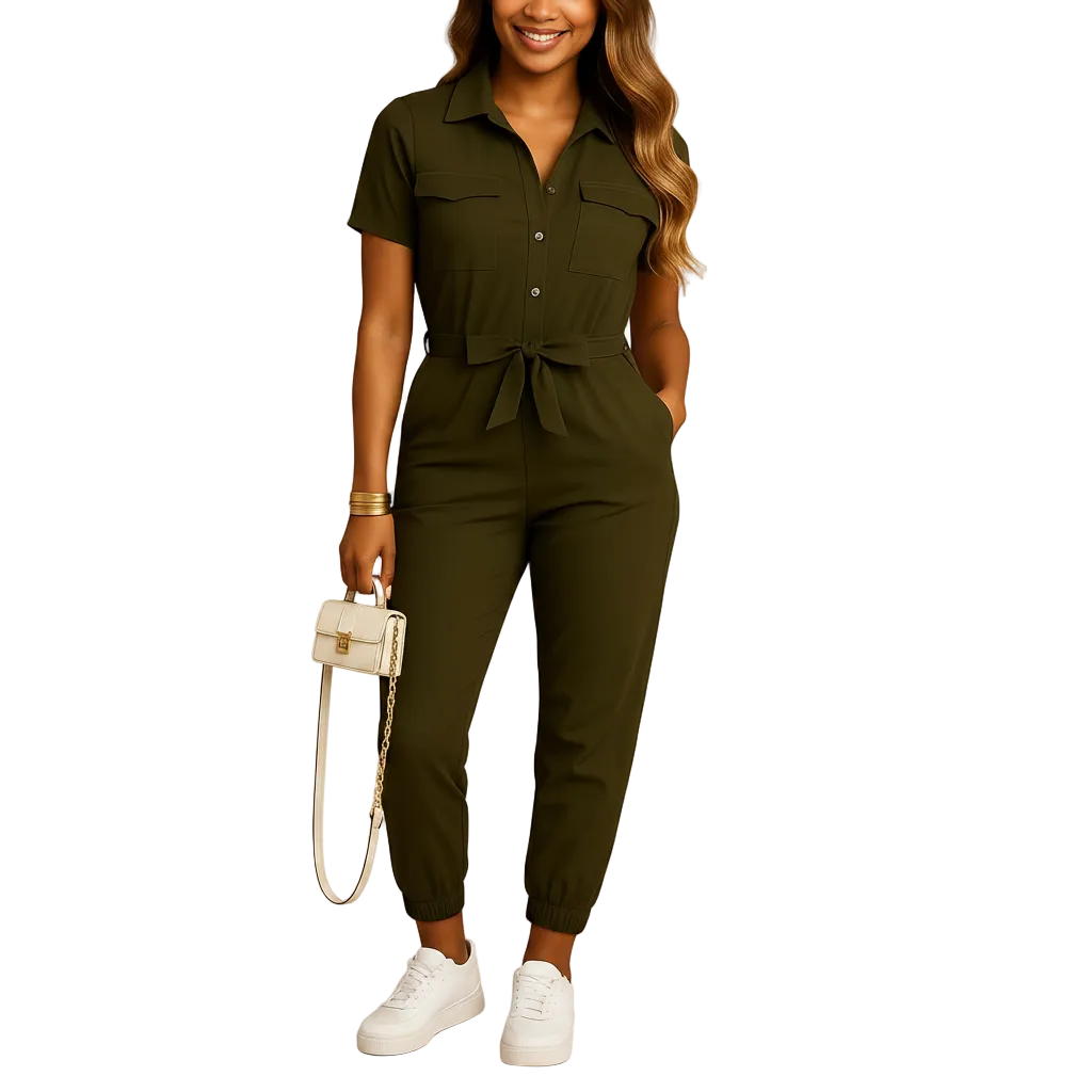 woman wearing tailored jumpsuit with slim fit and button closure shown in full front view outfit