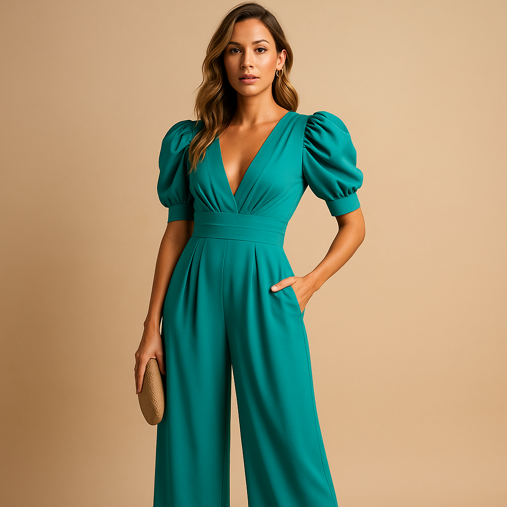 close up of tailored fit on long jumpsuit showing structured silhouette