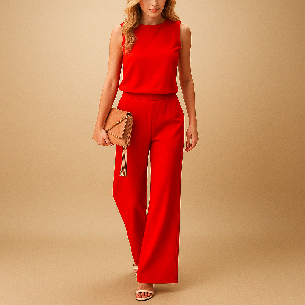 side view of wide leg jumpsuit with flowing silhouette and round neck design for women