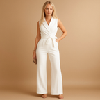 back view of wrap jumpsuit showing full length and balanced silhouette