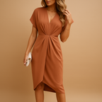 back view of wrap midi dress showing mid length and balanced silhouette