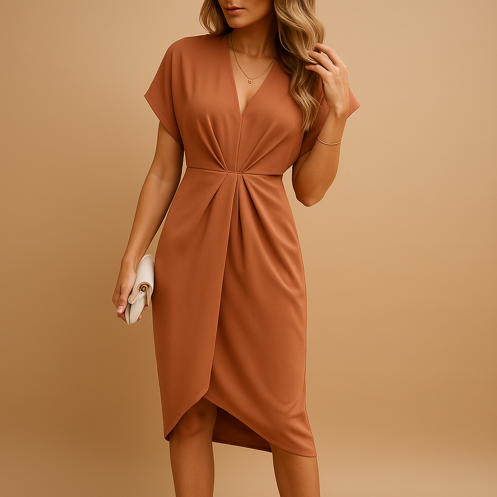 back view of wrap midi dress showing mid length and balanced silhouette